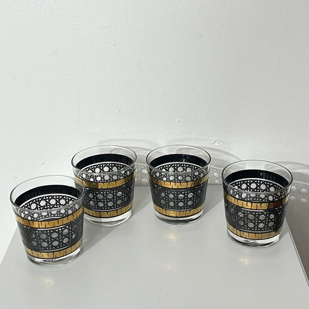 Libbey Glasses Vintage Black 22K Gold Basket Weave MCM Rocks Barware Set of 4